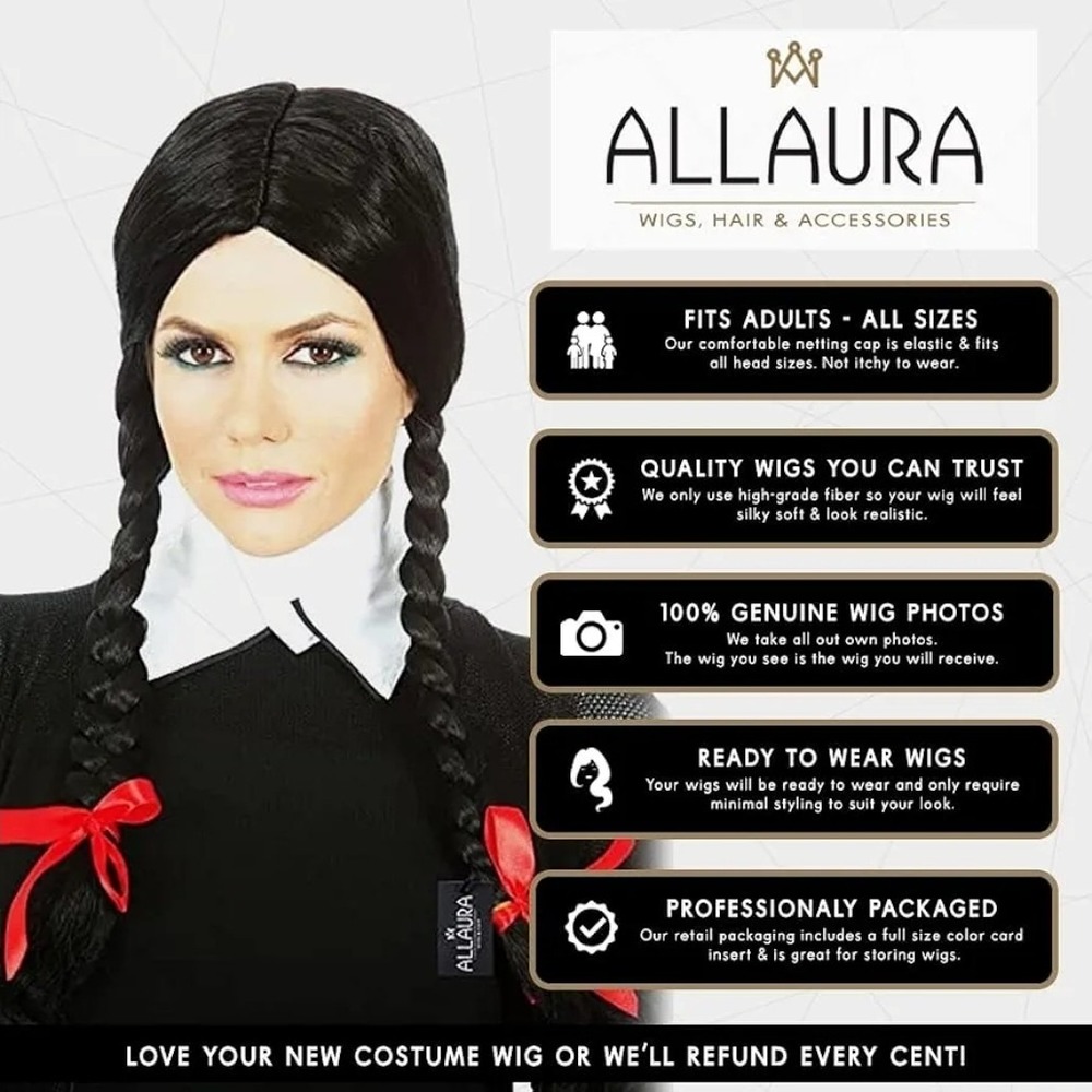 Wednesday Adams Womens Black Braids Pigtail Costume Wig - Soft Comfortable